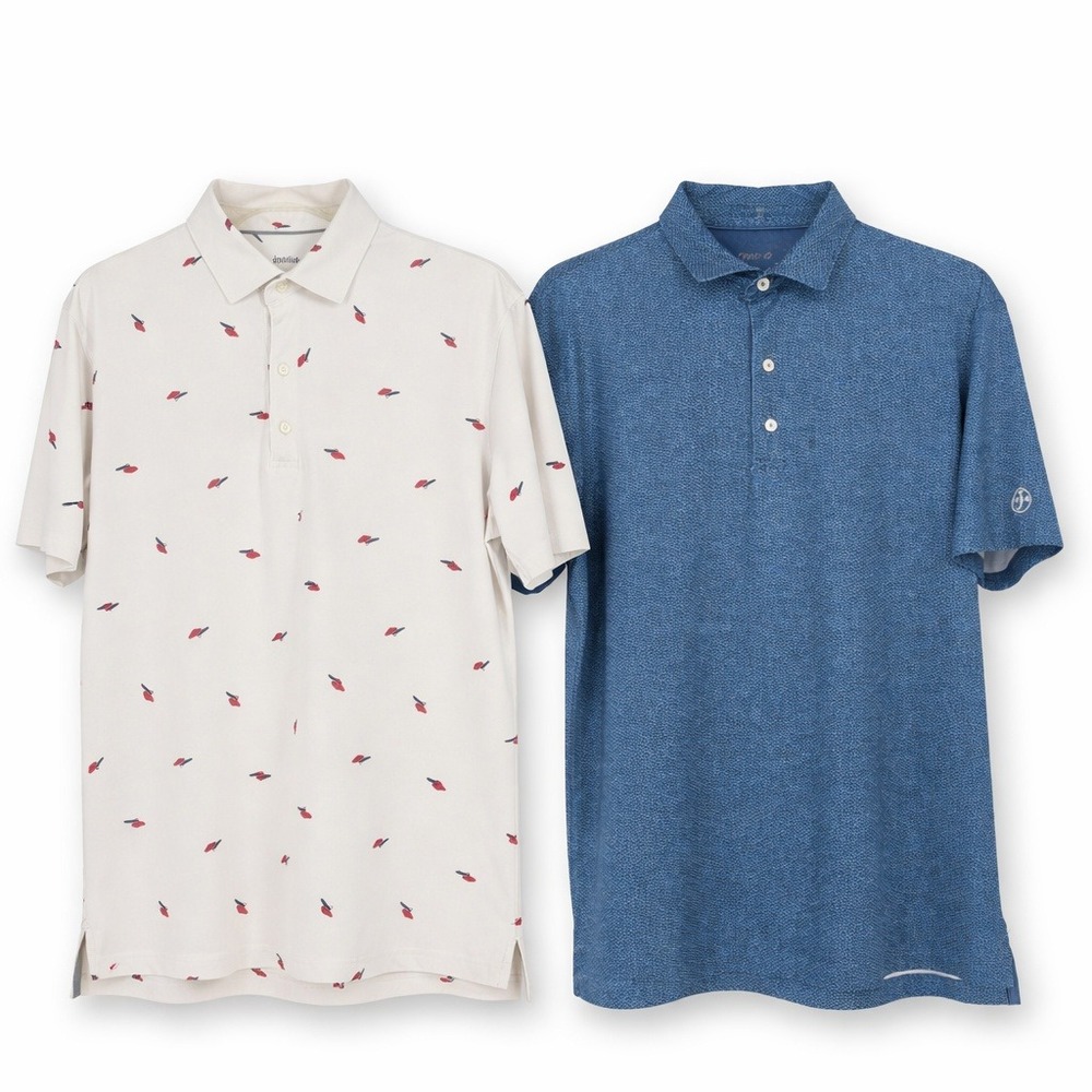 Johnnie-O Polo Golf Shirt Lot of 2 M White Blue Beach Print Performance Stretch